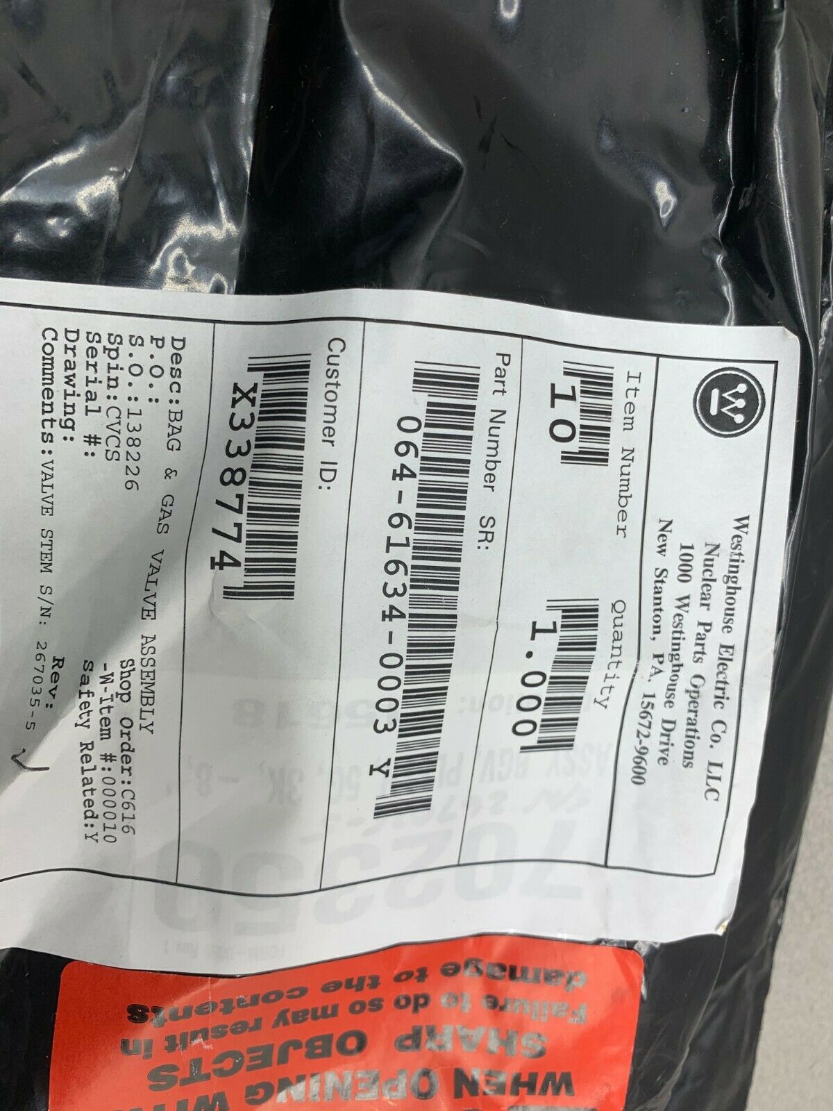 NEW WESTINGHOUSE BLADDER AND GAS VALVE ASSEMBLY 064-61634-0003