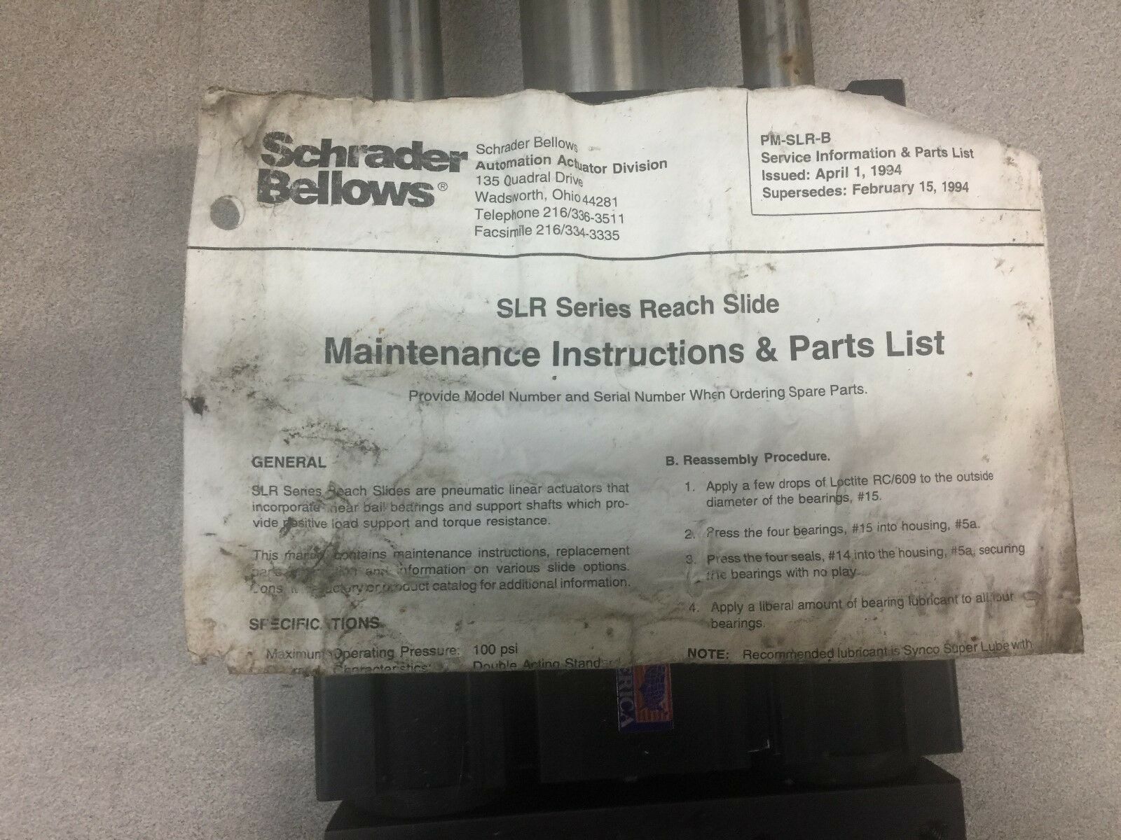 NEW NO BOX SCHRADER BELLOWS SLR LINEAR ACTUATOR SLR12-05B-B14