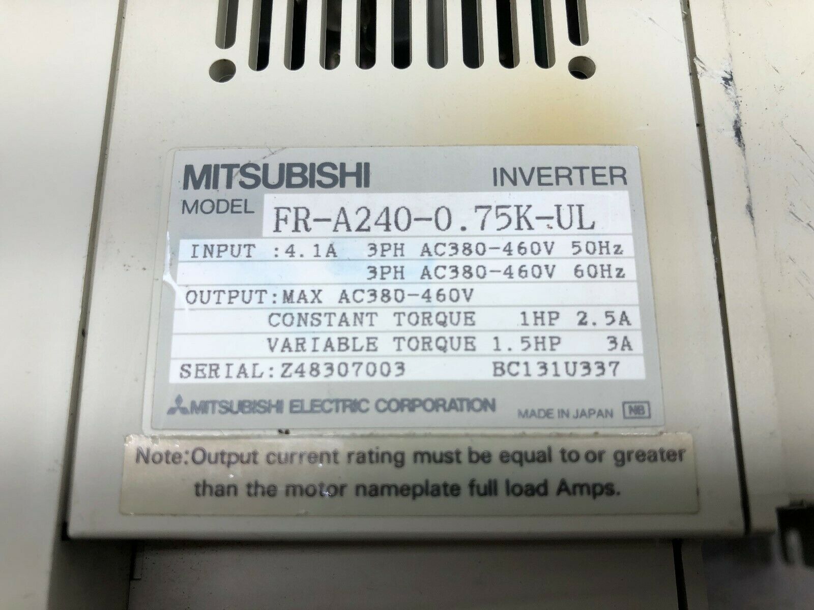 USED MITSUBISHI FREQROL-A200 1.5 HP 3 PH 380-460 VAC INVERTER DRIVE FR-A240-0.75