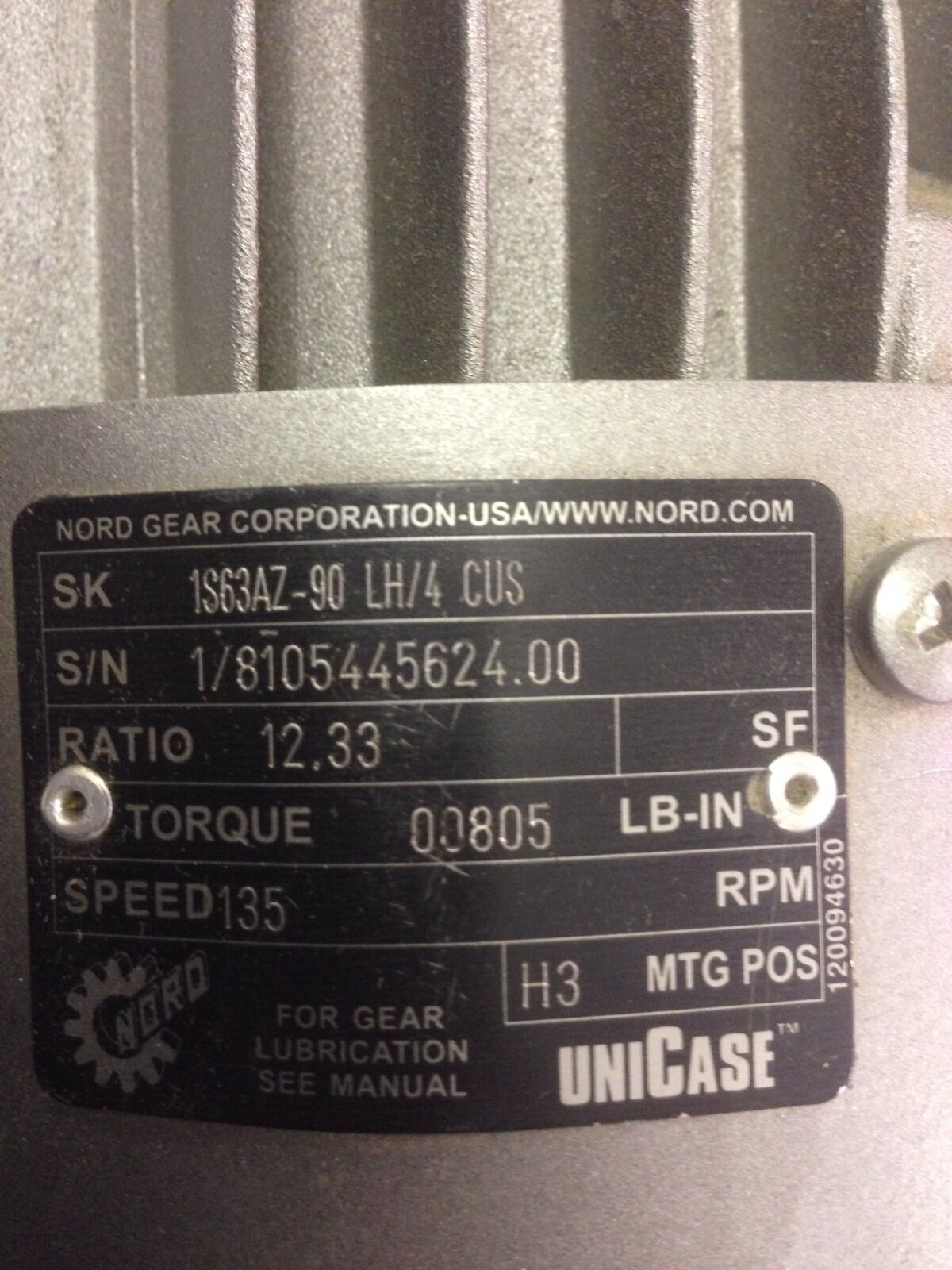 NEW NORD 2HP GEARMOTOR 90 LH/4 CUS WITH 1S63AZ-90 LH/4 CUS 12.33 RATIO
