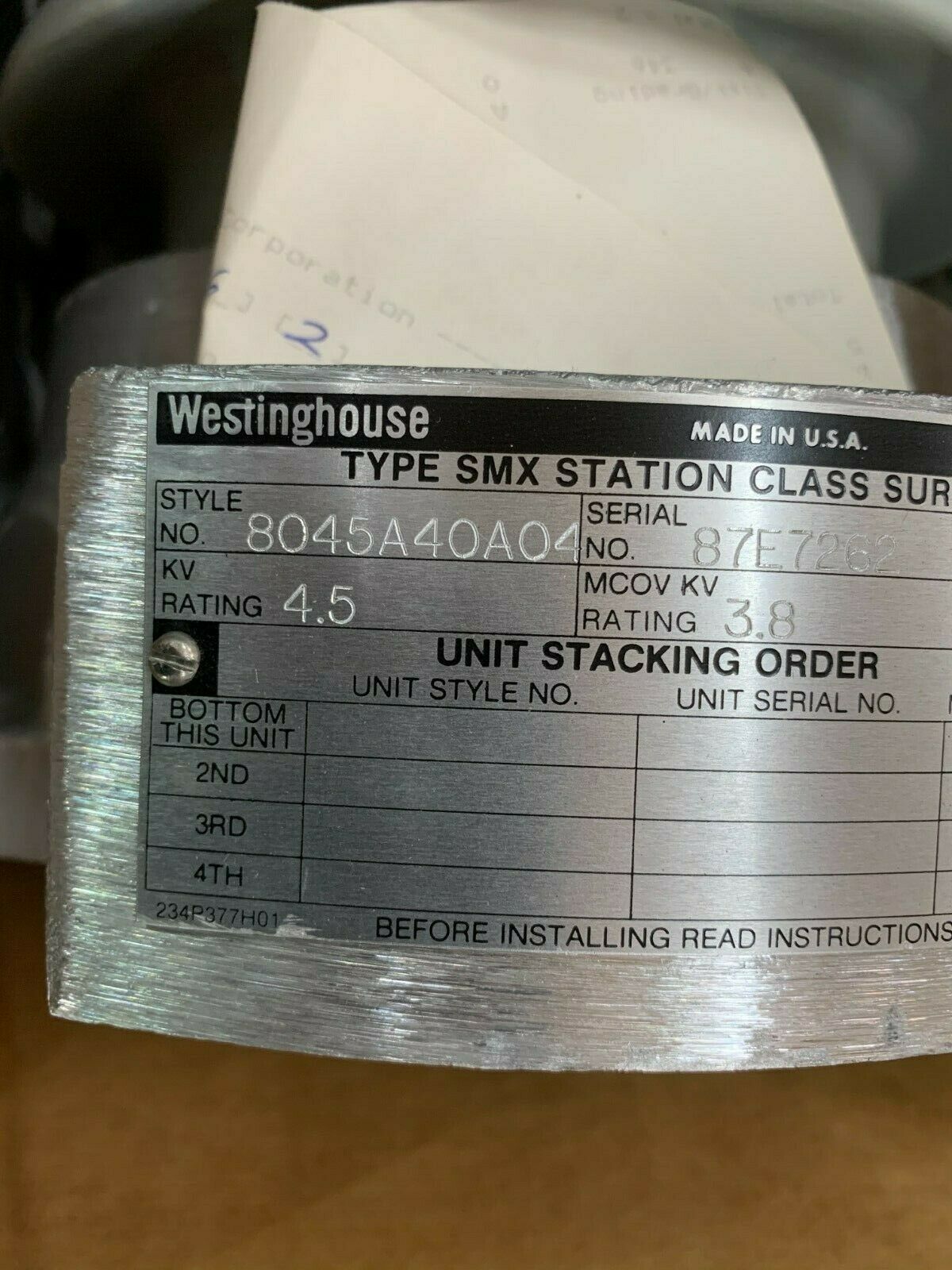 NEW IN BOX WESTINGHOUSE TYPE SMX STATION CLASS SURGE ARRESTER 8045A40A04