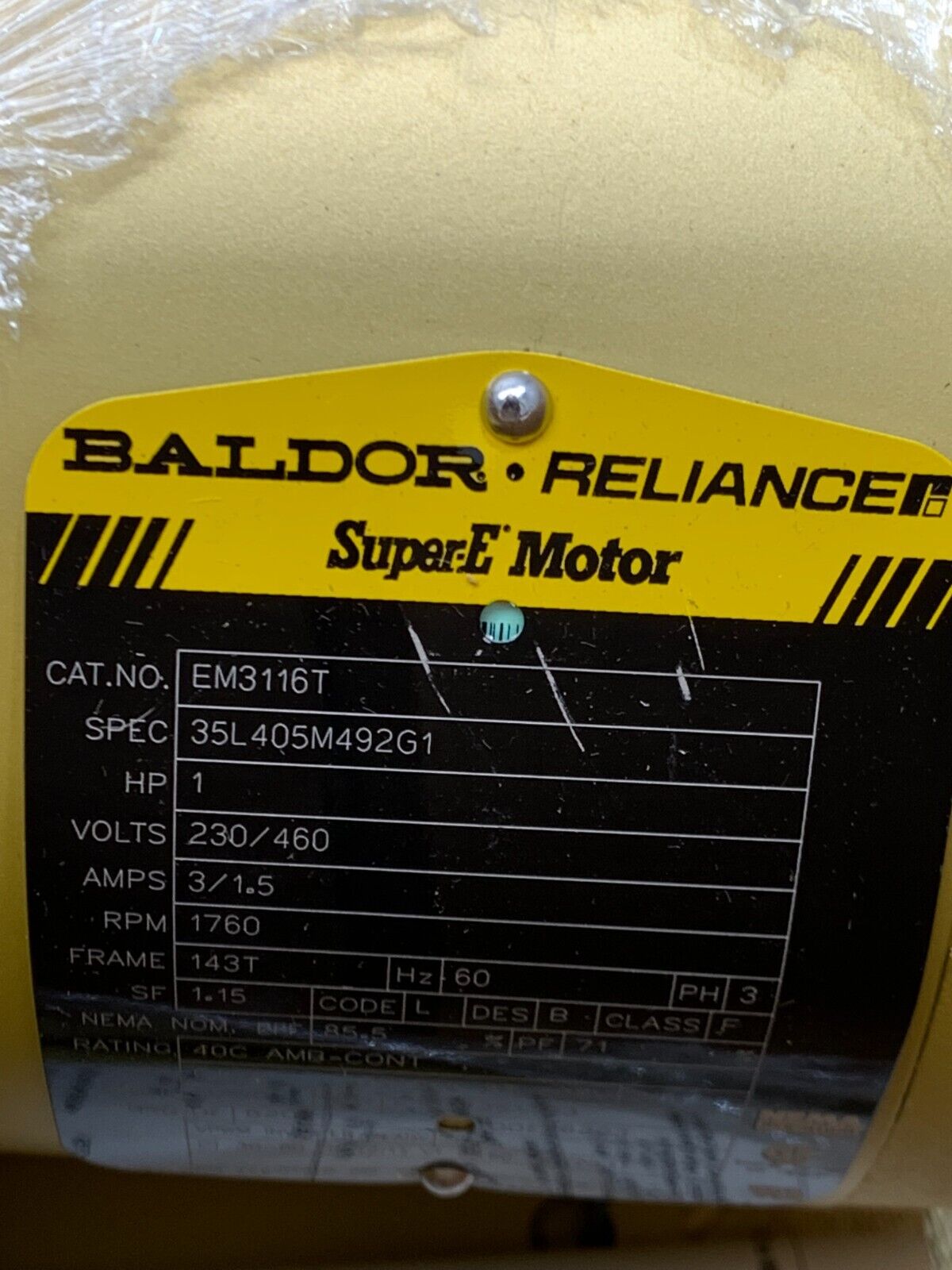 NEW IN BOX BALDOR 1HP 1760RPM SUPER-E MOTOR 230/460V. 143T FRAME EM3116T