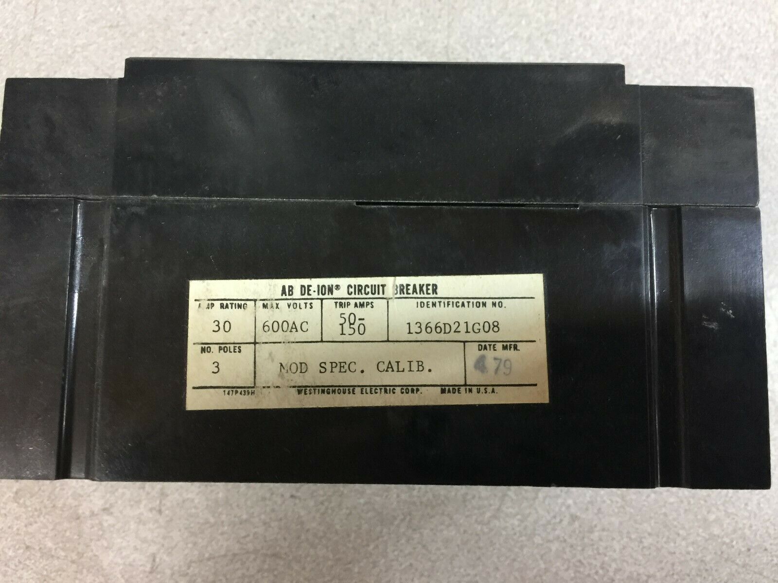 USED REMANUFACTURED WESTINGHOUSE 30 AMP 3 POLE 600 VAC 120 VAC UVR 50-150 TRIP 1