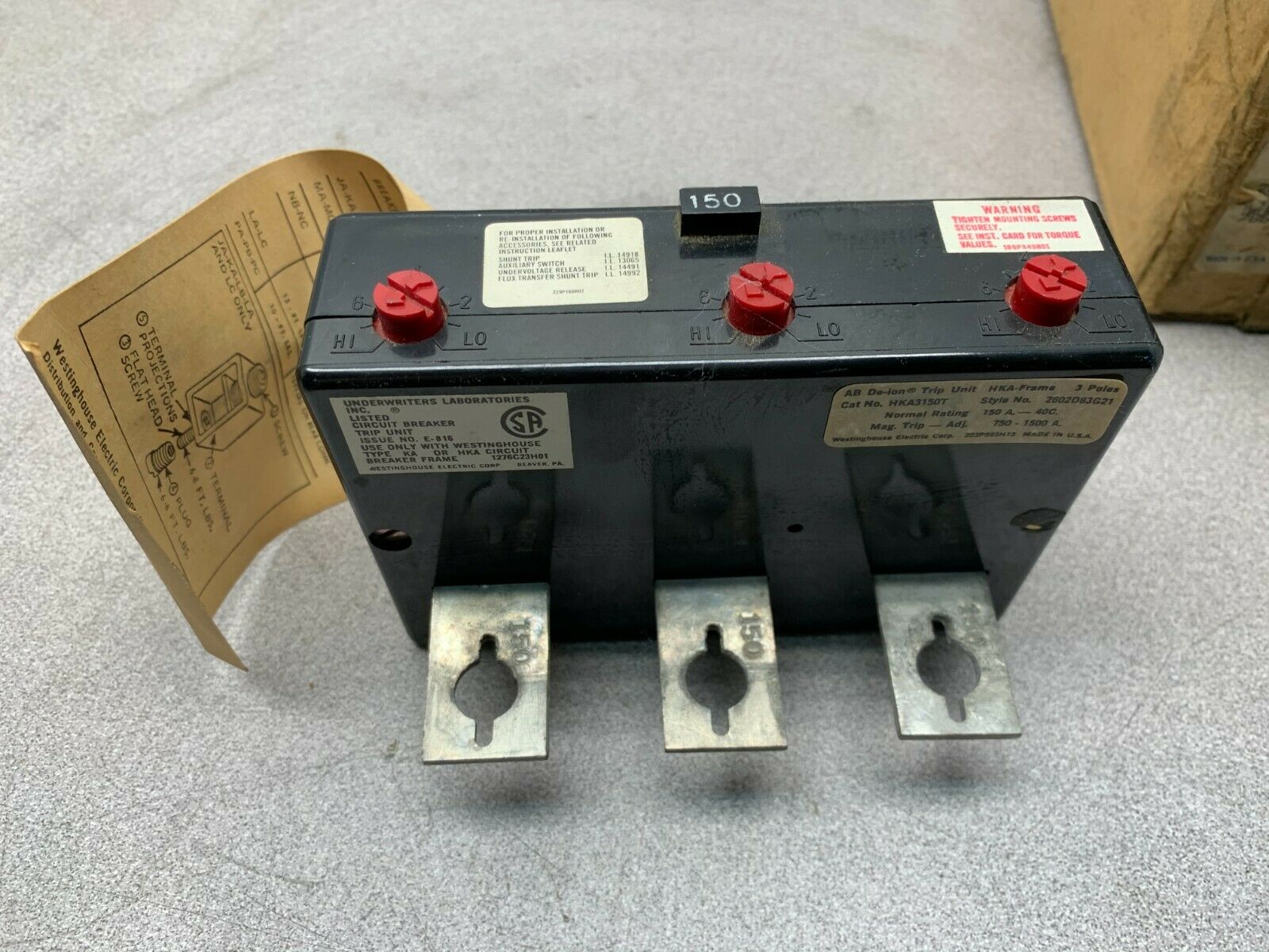 NEW IN BOX WESTINGHOUSE 150AMP TRIP UNIT HKA3150T