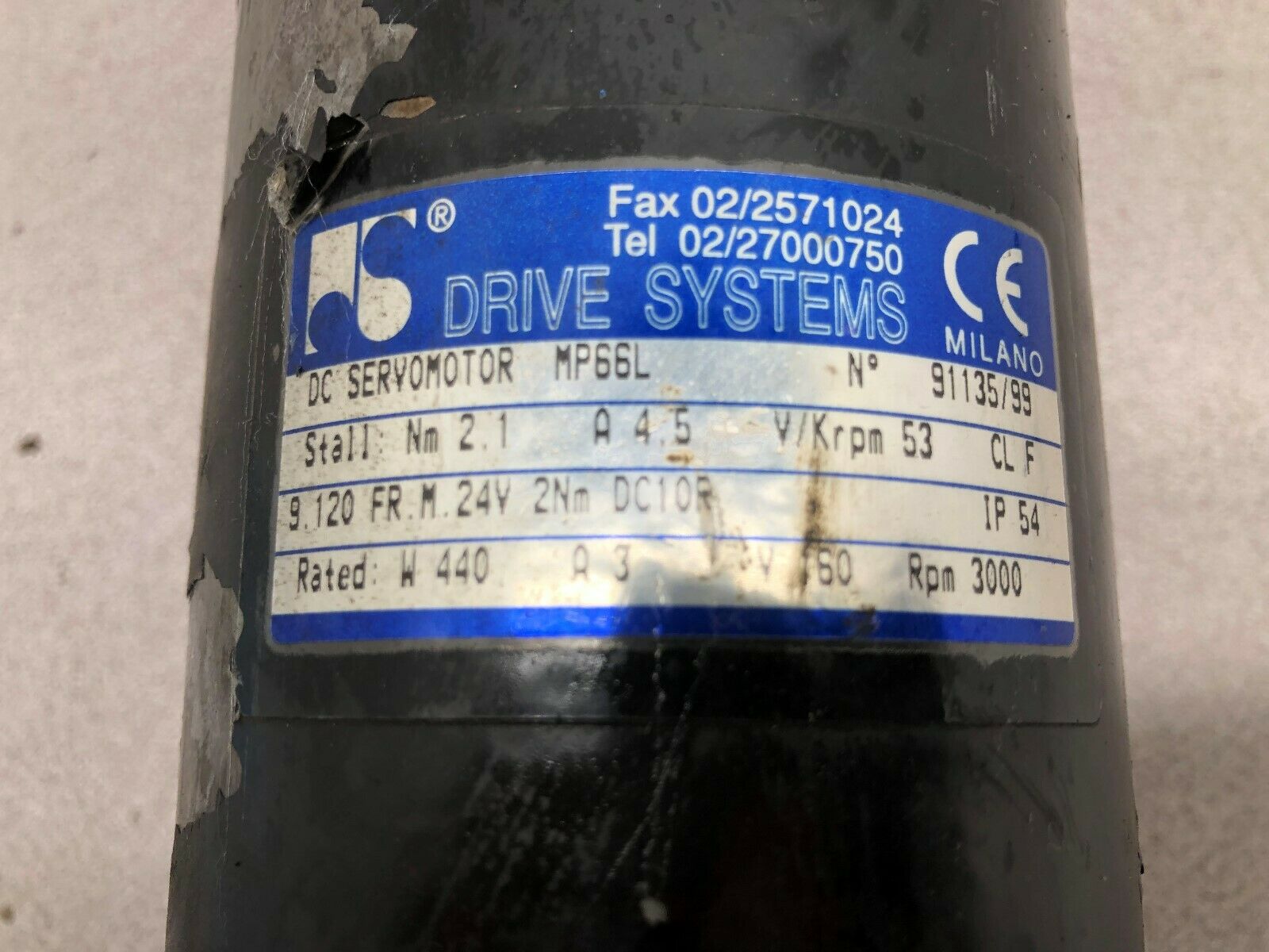 USED DRIVE SYSTEMS 3000 RPM 9.120 FR 2.1 NM STALL DC SERVOMOTOR MP66L / DC10R