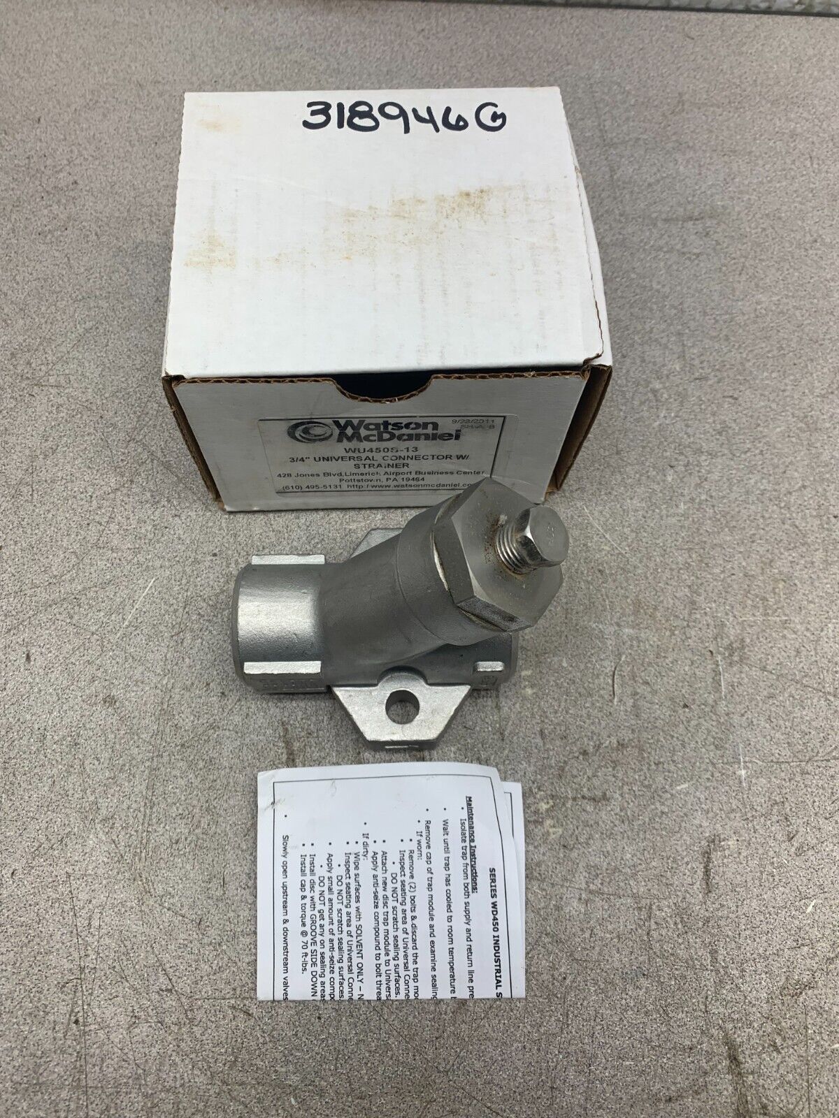 NEW IN BOX WATSON MCDANIEL 3/4" UNIVERSAL CONNECTOR W/ STRAINER WU450S-13