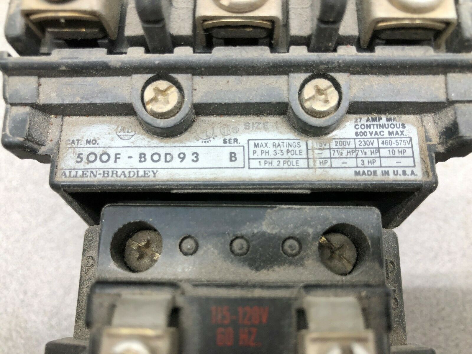 USED ALLEN BRADLEY SIZE 1 27 AMP 600 VAC 3 POLE 120 VAC COIL CONTACTOR 5OOF-BOD9