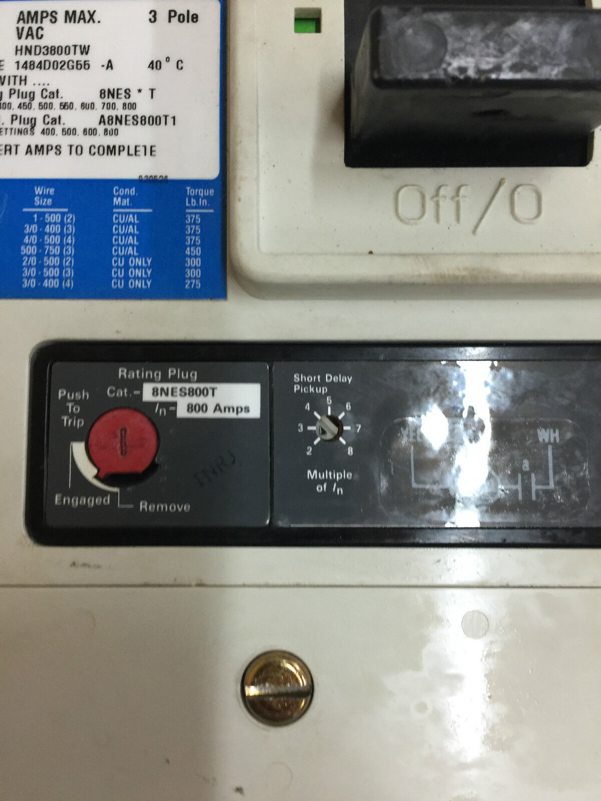 USED WESTINGHOUSE 800 AMP 3 POLE CIRCUIT BREAKER HND 65K CUTLER-HAMMER HND3800TW