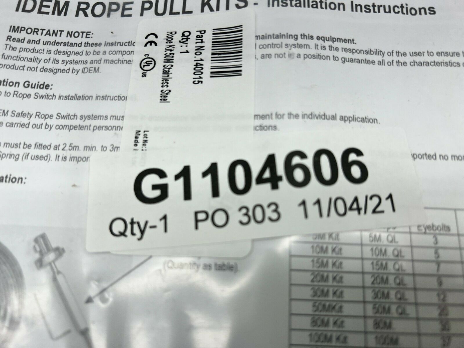 NEW IN BAG IDEM G1104606 PULL CABLE KIT 140015