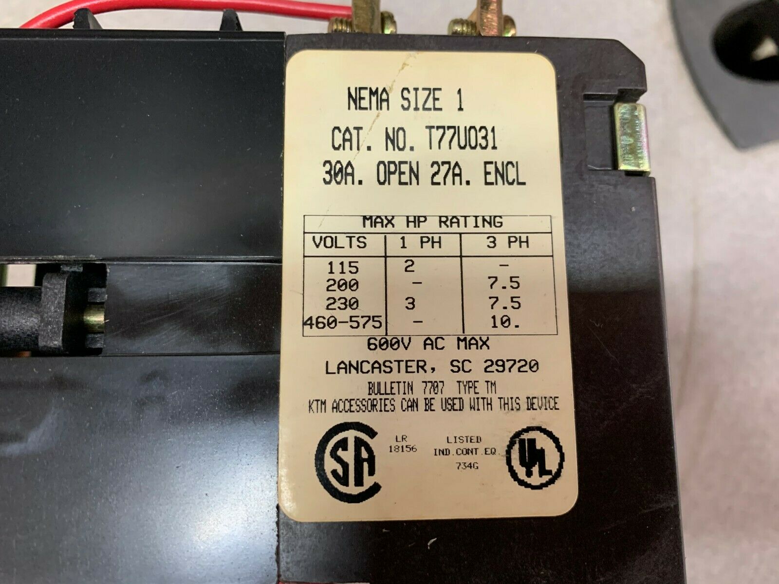 NEW NO BOX JOSLYN CLARK SIZE 1 CONTACTOR 110/120V. TB159-1 COIL T77U031