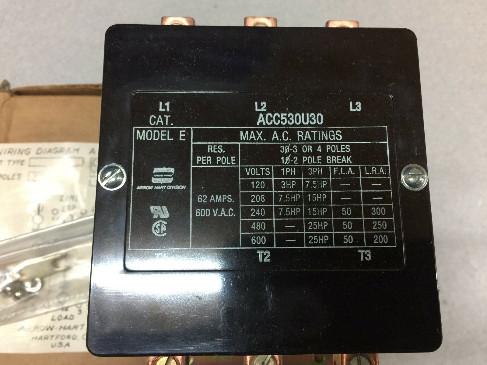 NEW IN BOX ARROW HEART CONTACTOR 3POLE 62AMPS 600VAC ACC53OU30