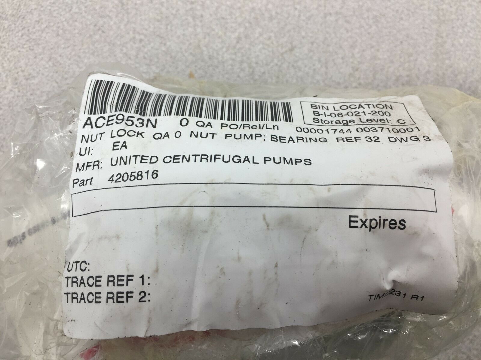 NEW NO BOX UNITED CENTRIFUGAL PUMP LOCK NUT PUMP BEARING 4205816 / GI3G1459