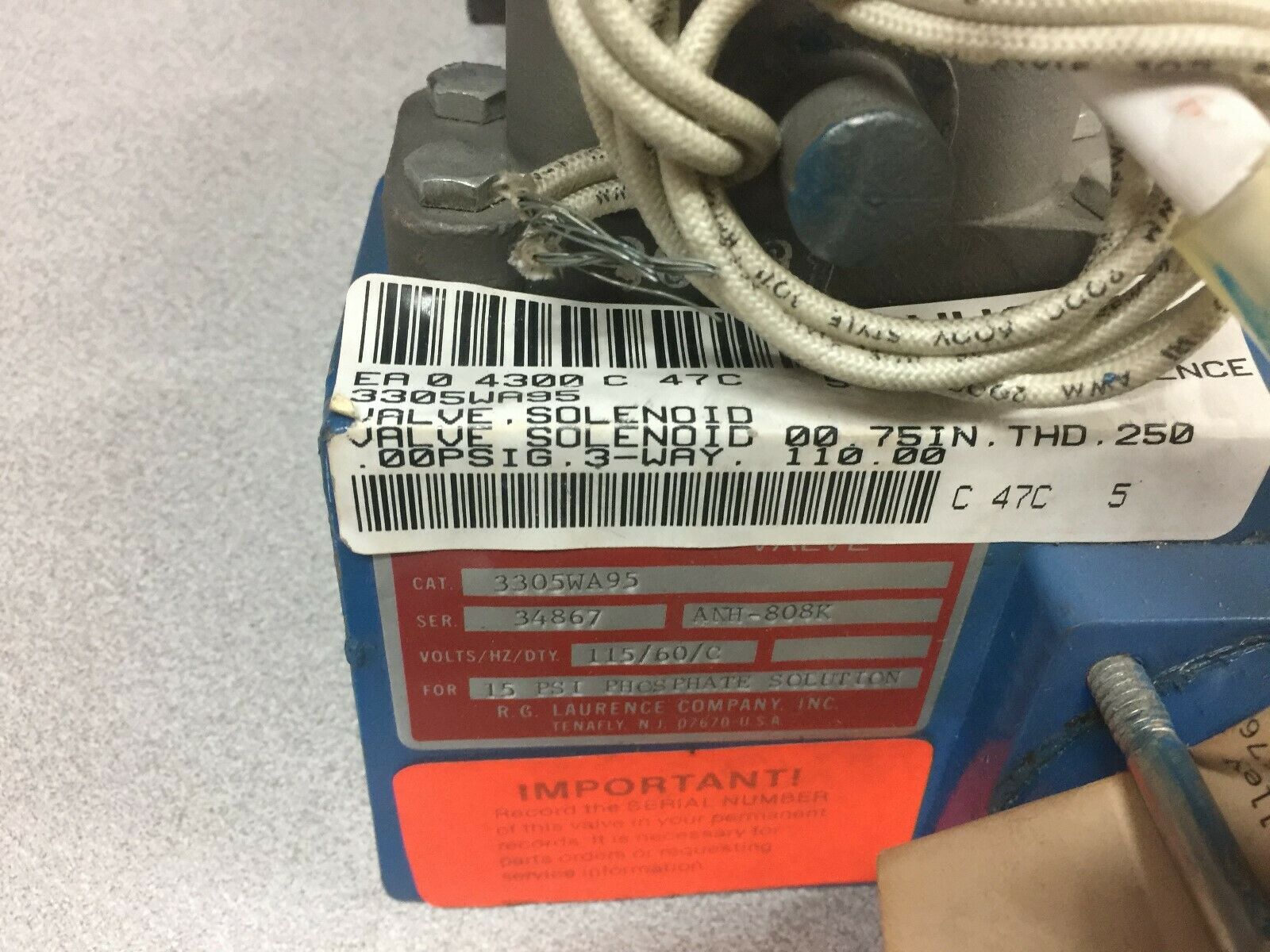 NEW NO BOX LAURENCE 115 VAC 3/4" NPT 3WAY SOLENOID VALVE 15 PSI PHOSPHATE SOLUTI