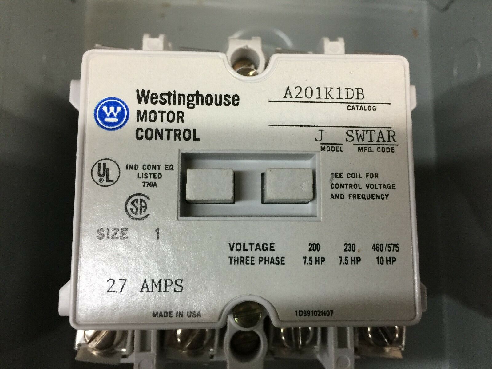 NEW IN BOX WESTINGHOUSE 208-220VAC 27AMPS SIZE 1 CONTACTOR AND ENCLOSURE A201S1D