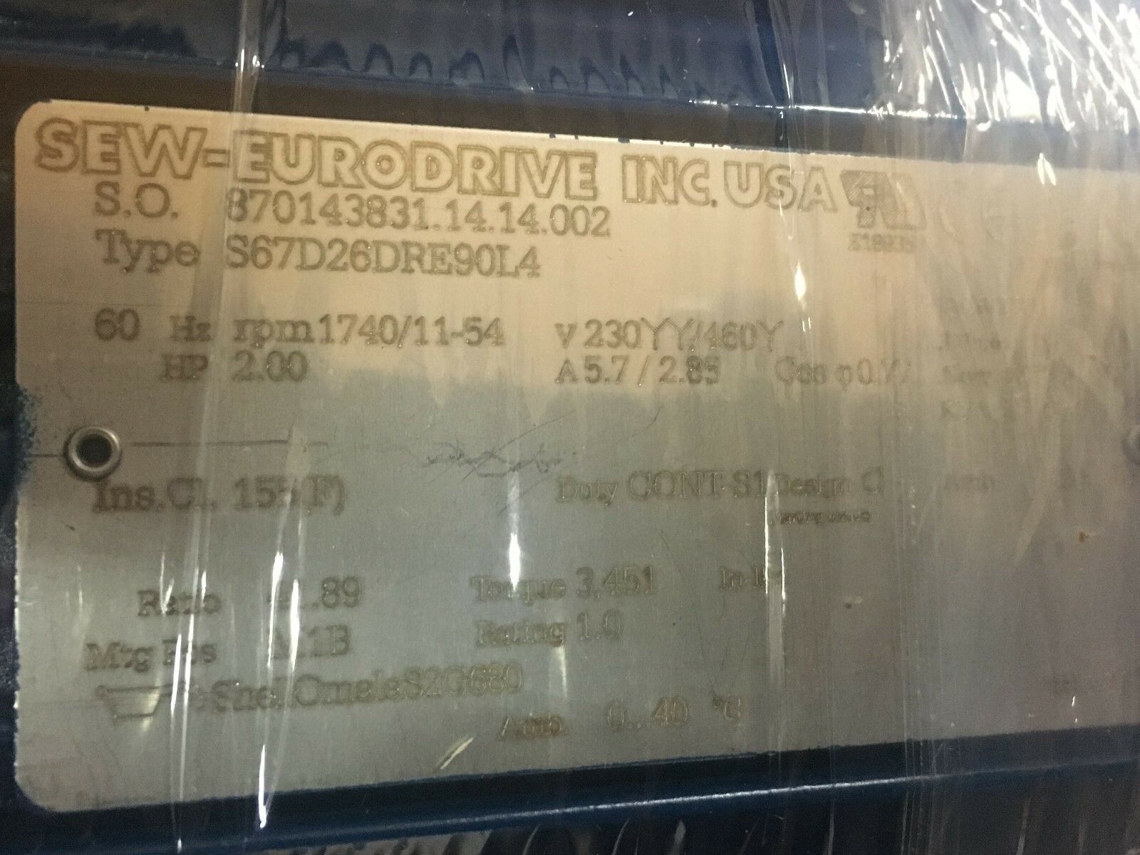 NEW IN BOX SEW-EURODRIVE 2HP 41.89:1 RATIO GEARMOTOR S67D26DRE90L4