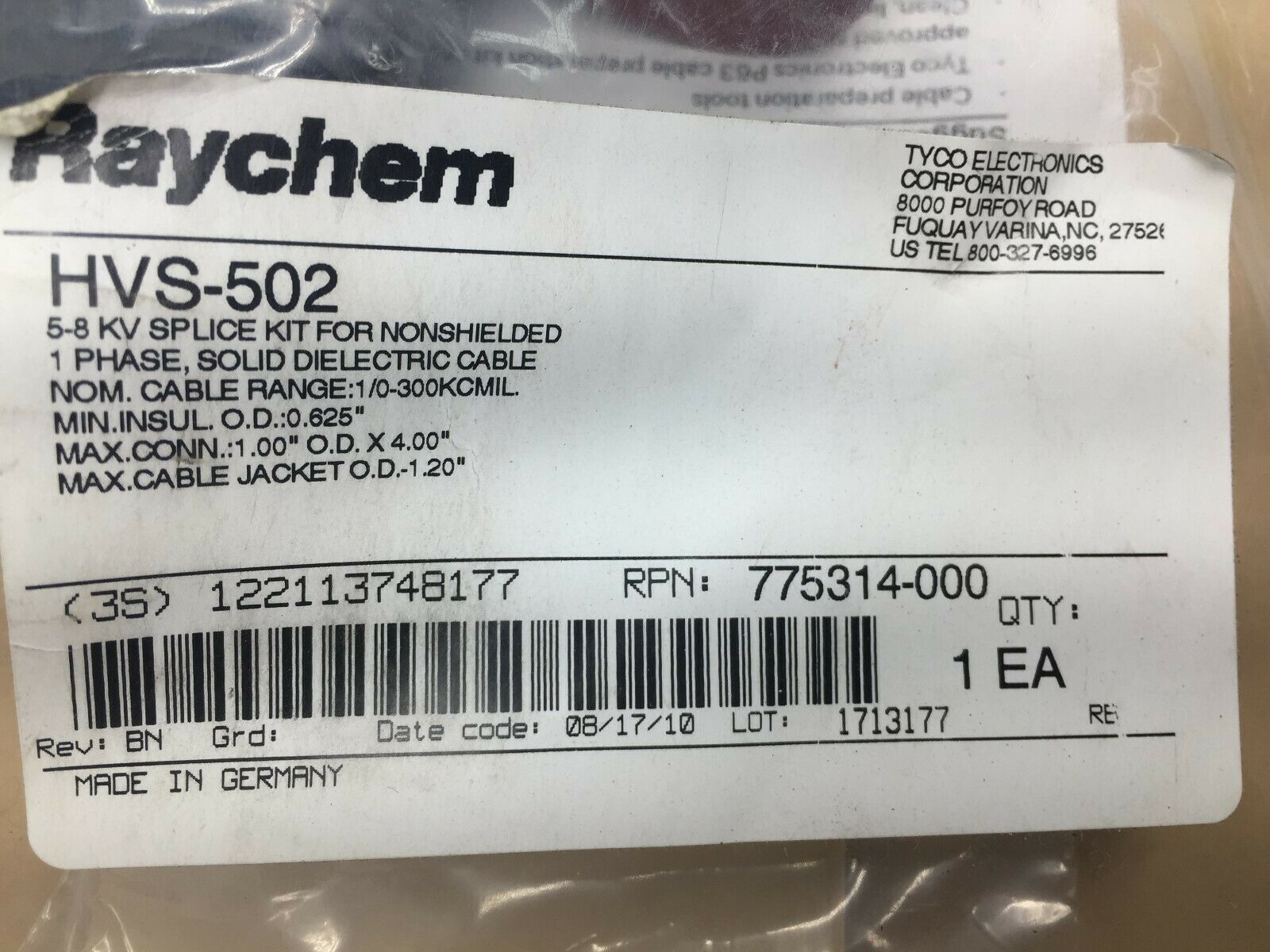 NEW IN PACK RAYCHEM 5-8KV SPLICE KIT FOR NONSHIELDED 1 PHASE HVS-502