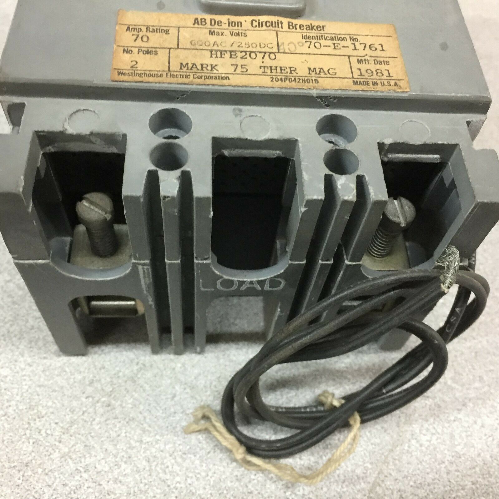 USED WESTINGHOUSE 70AMP 2POLE 600VAC 250VDC CIRCUIT BREAKER HFB070