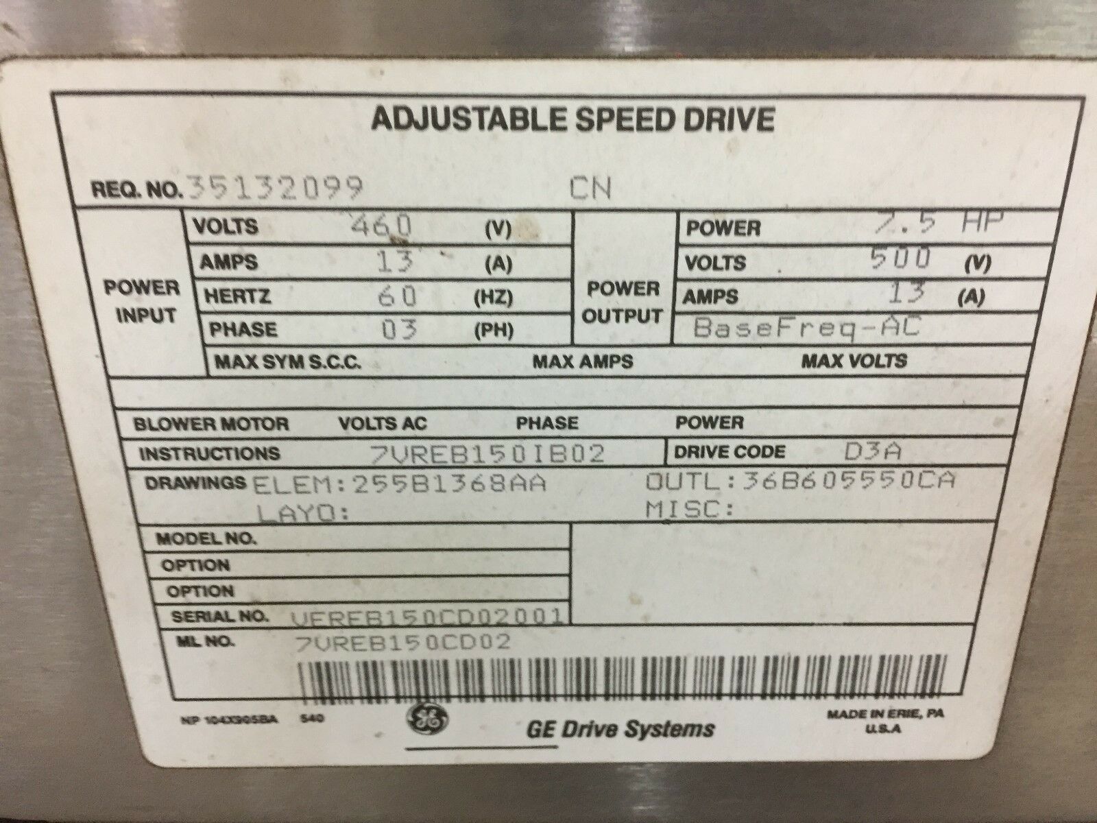 NEW NO BOX GE DC-300 460VAC 13AMPS 3PH 7.5HP ADJUSTABLE SPEED DRIVE 7VREB150CD02