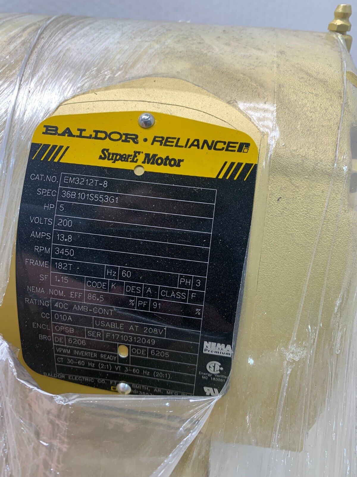 NEW NO BOX BALDOR 5HP 3450RPM 200V. SUPER-E MOTOR EM3212T-8