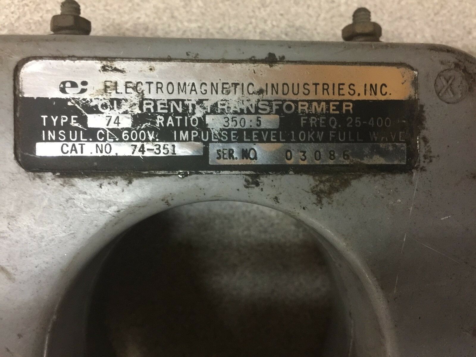 USED ELECTROMAGNETIC INDUSTRIES CURRENT TRANSFORMER 350:5 RATIO 74-351