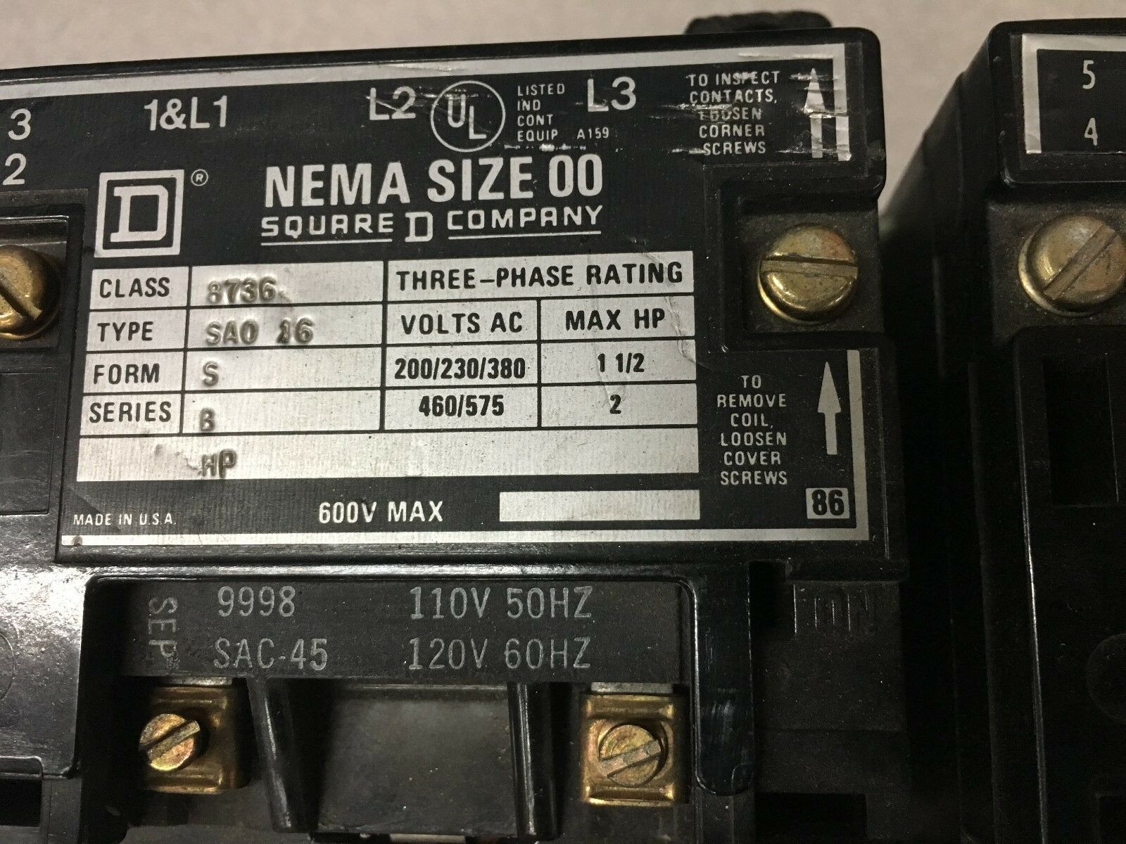 USED SQUARE D SIZE 00 REVERSING STARTER 8736 SAO 16 FORM S