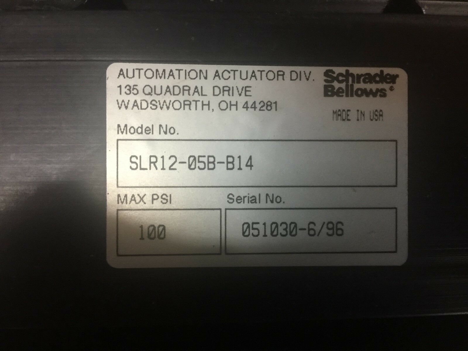 NEW NO BOX SCHRADER BELLOWS SLR LINEAR ACTUATOR SLR12-05B-B14