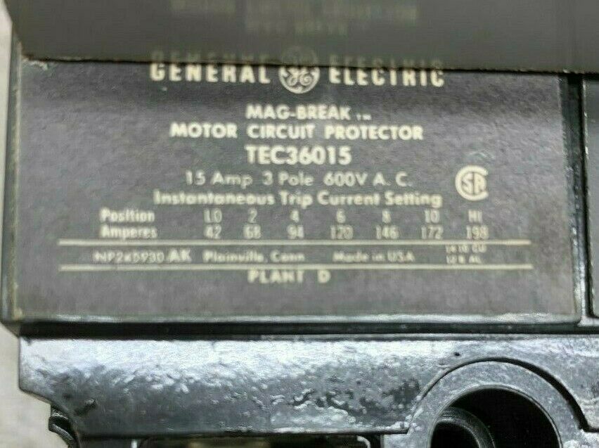 USED GENERAL ELECTRIC TEFR1 15 AMP 3 POLE MOTOR CIRCUIT PROTECTOR TEC36015