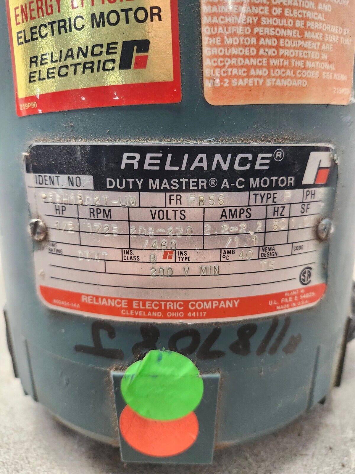 USED RELIANCE 1/2HP 1752RPM 208-230/460 VOLTS 60HZ P56H1302T-UM