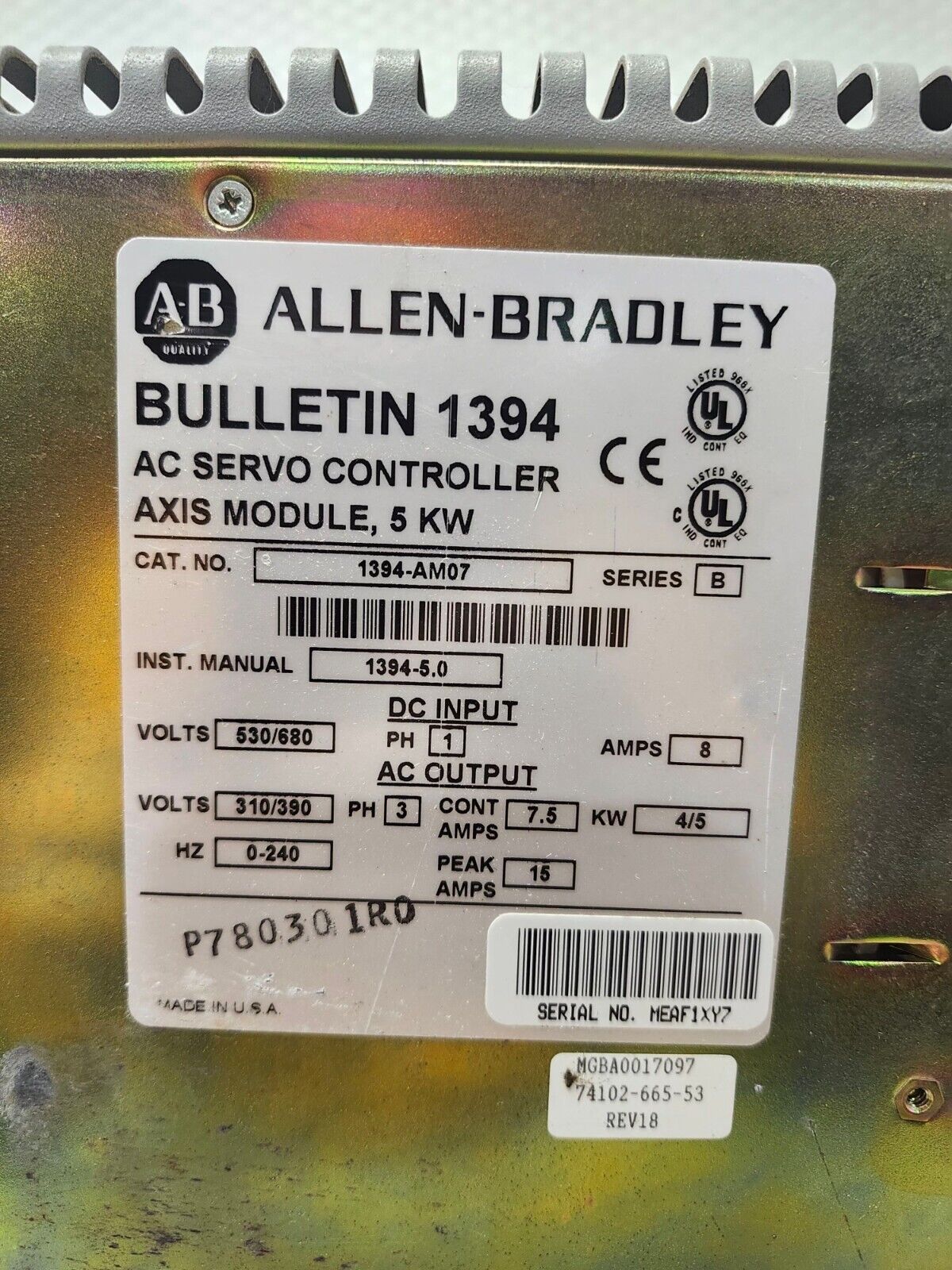 USED Allen-Bradley Axis Module SER B 310/390V 7.5-15A 0-240Hz 3PH 1394-AM07