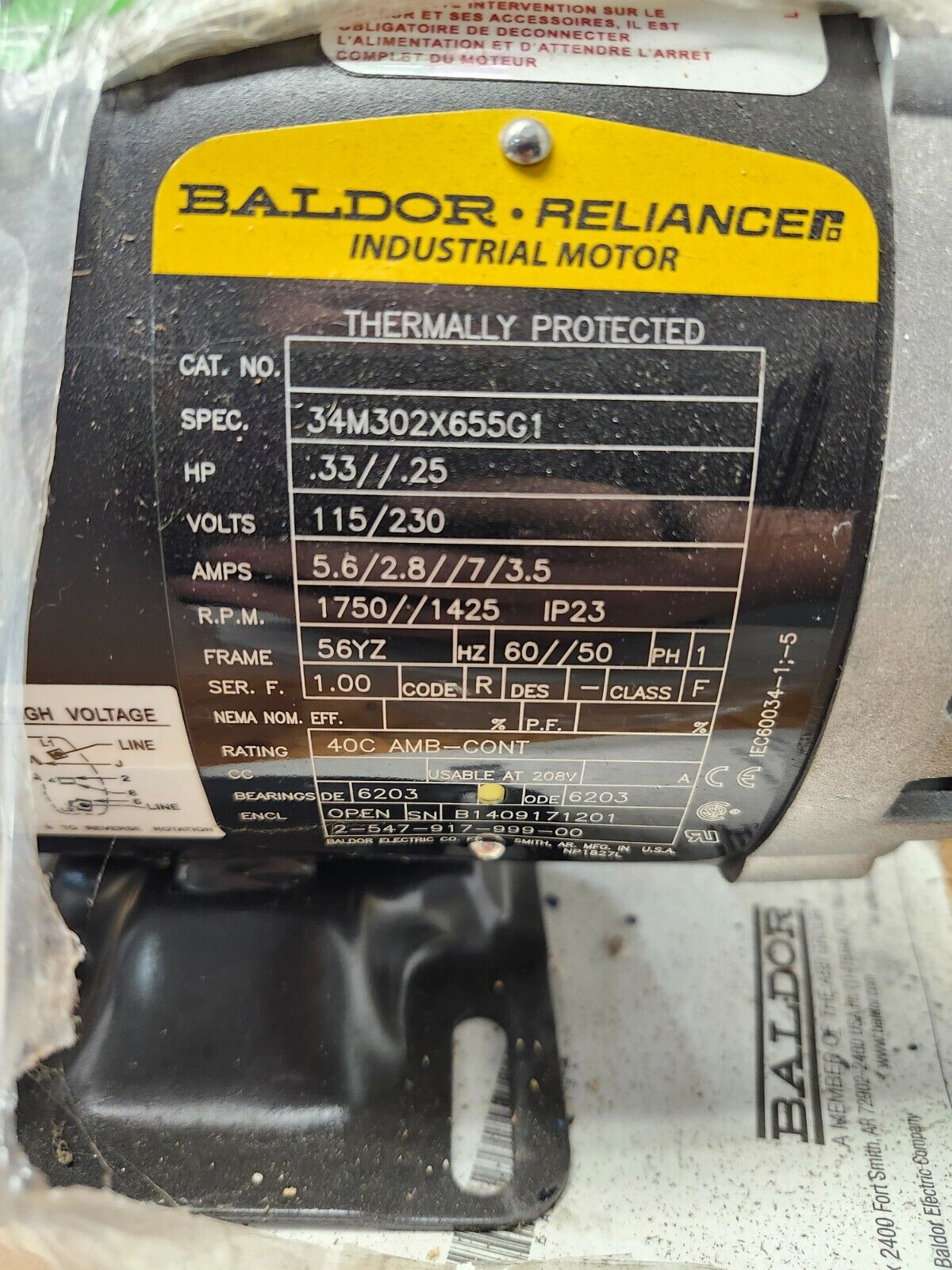 NEW BALDOR INDUSTRIAL MOTOR HP .33, 115/230V, 60HZ, PH 1,  34M302X655G1