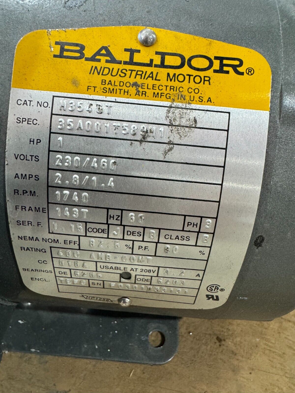 USED BALDOR 1HP 1740RPM MOTOR 230/460V. 143T FRAME M3546T