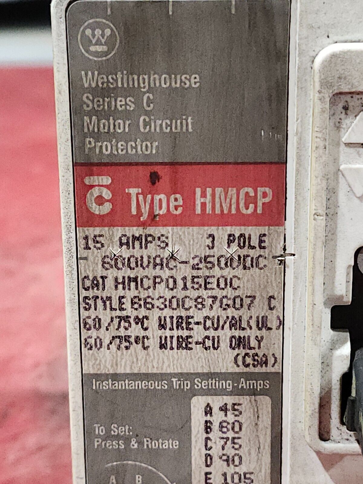 USED LOT OF 5 WESTINGHOUSE Circuit Breaker 15AMPS 3-POLE HMCP015E0C