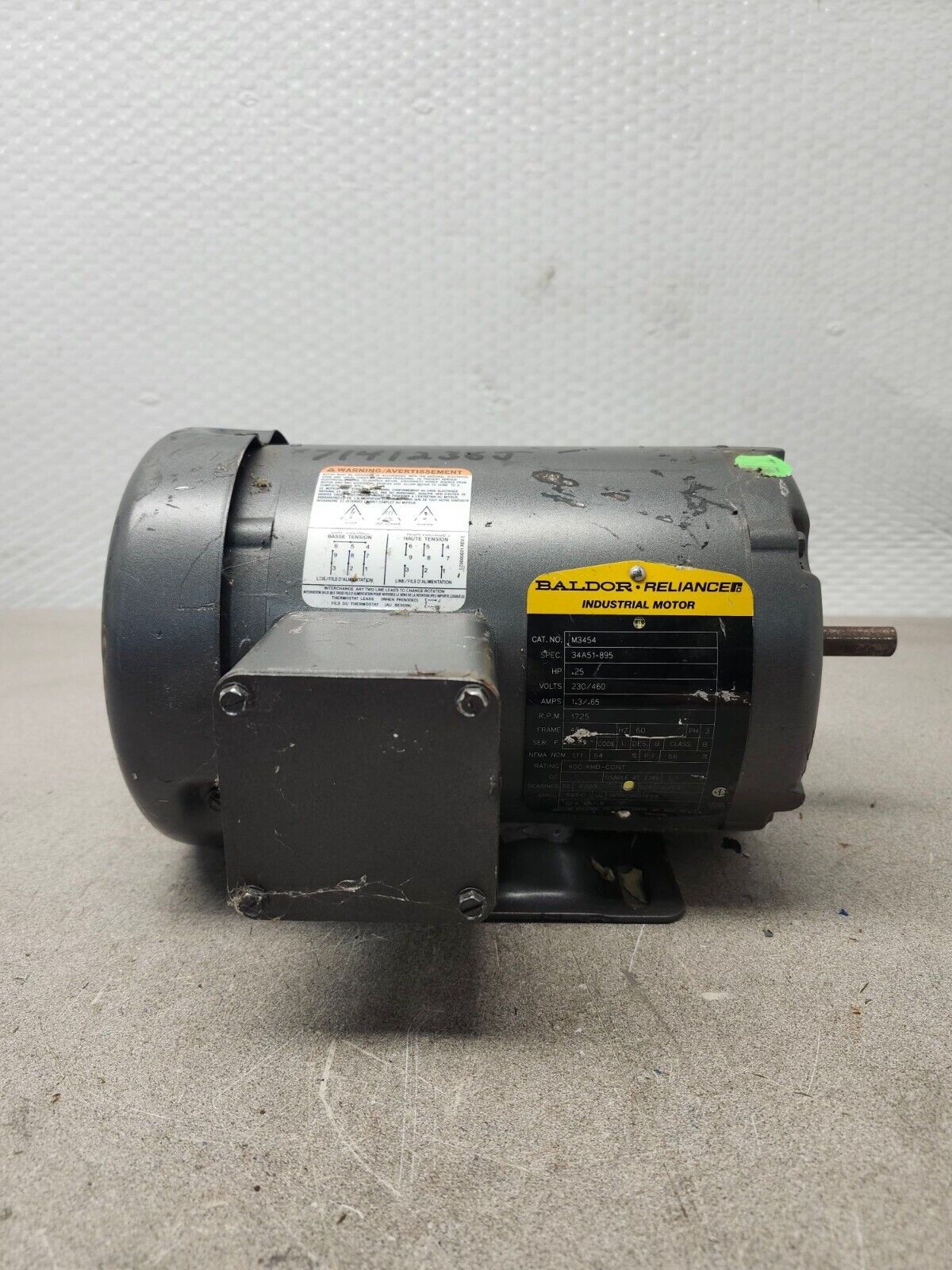 USED Baldor Reliance industrial Motor 1/4 Hp 230/460V M3454