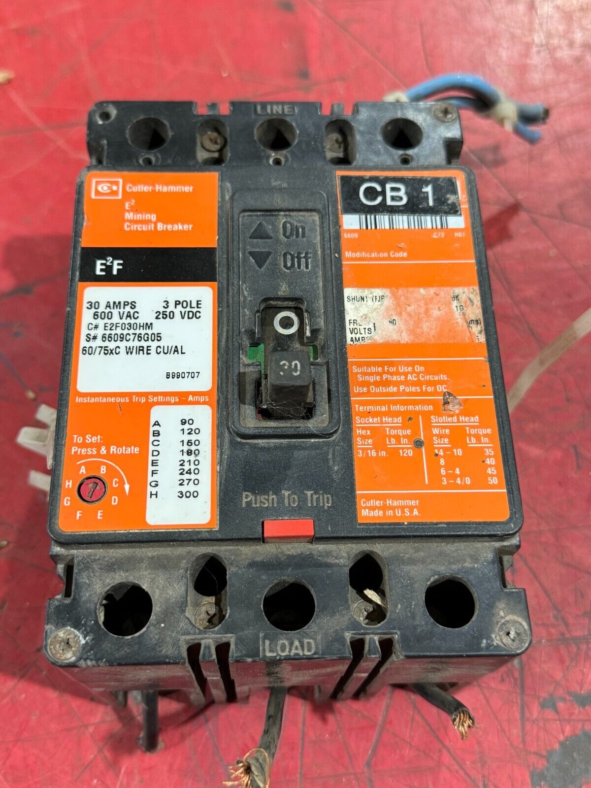 USED CUTLER-HAMMER E2F 3 POLE 30AMP MINING CIRCUIT BREAKER E2F030HM