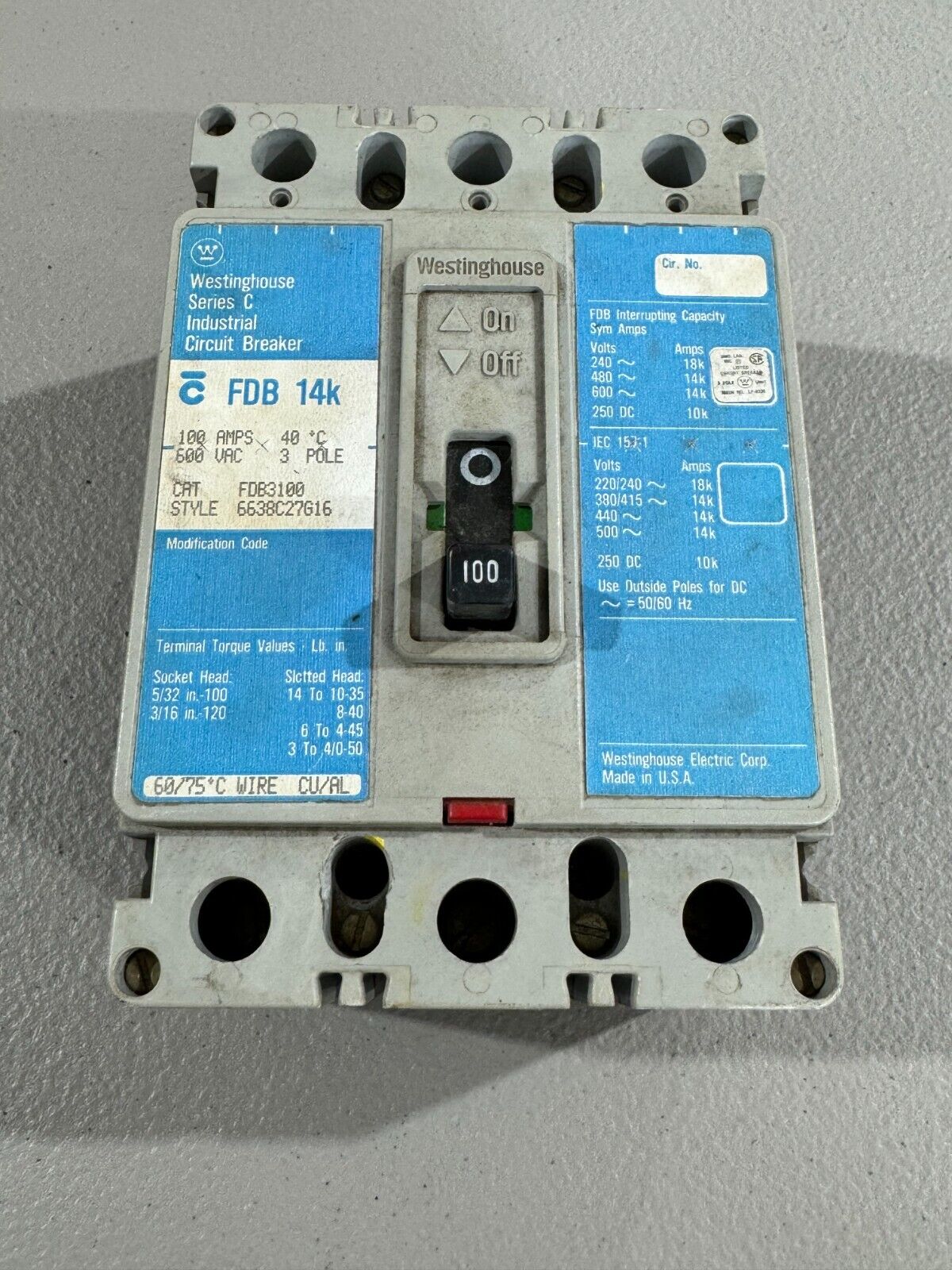 USED WESTINGHOUSE 3 POLE 100AMP CIRCUIT BREAKER FDB3100