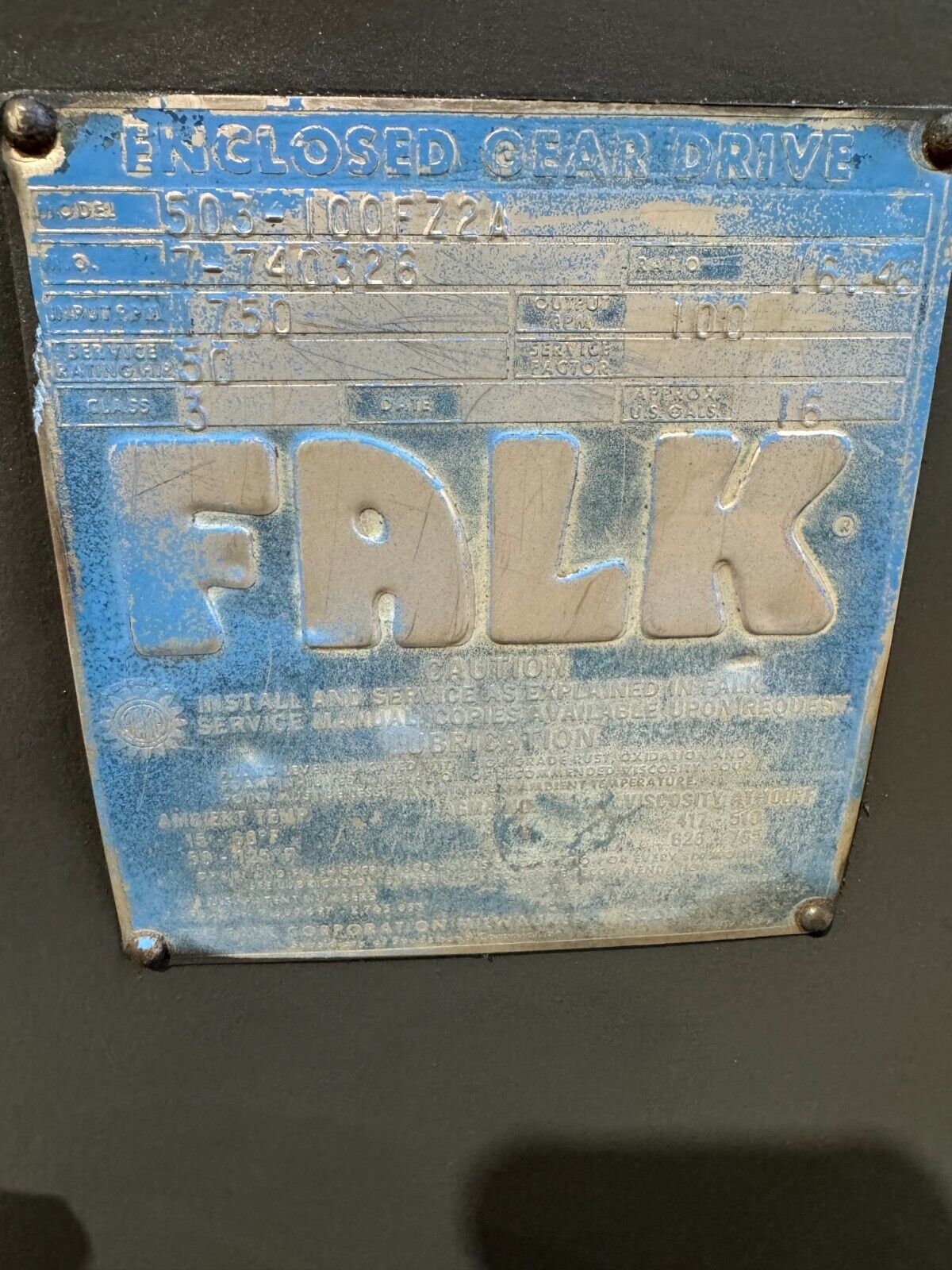 USED FALK ENCLOSED GEAR DRIVE SPEED REDUCER 16.46 RATIO 503-100FZ2A