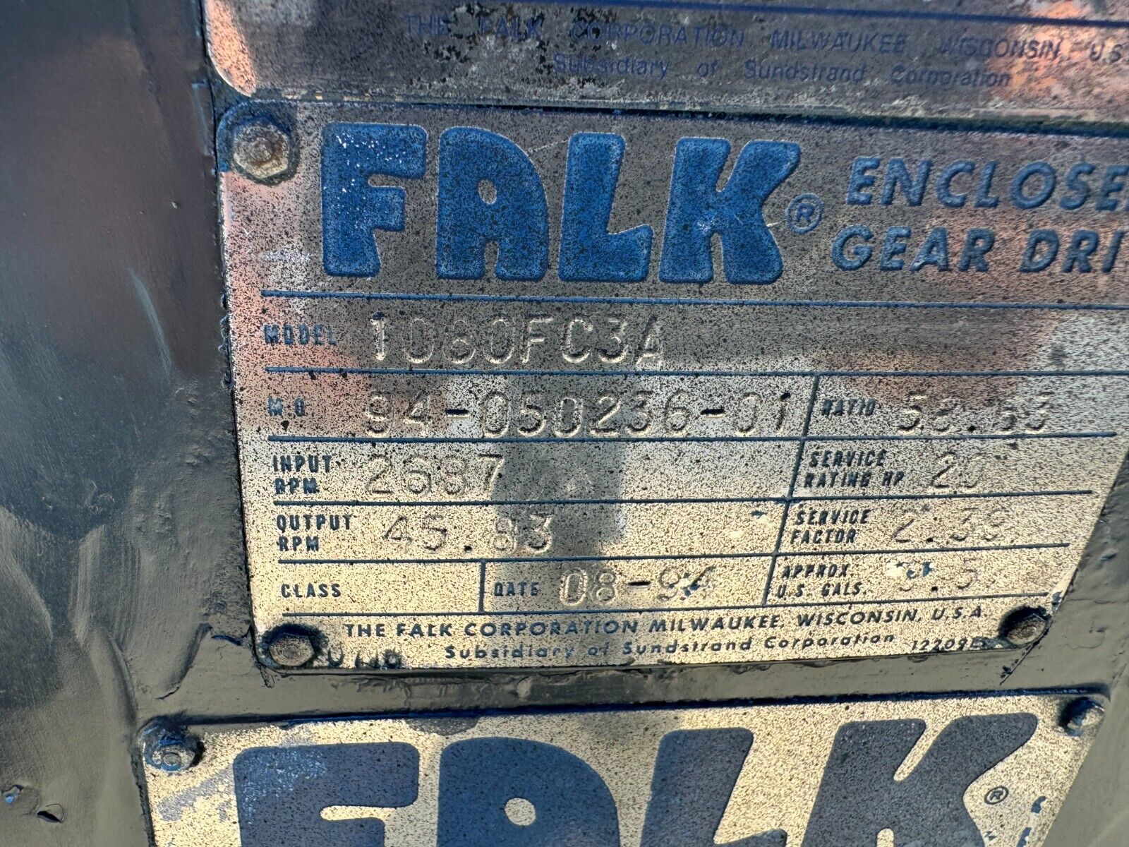 USED FALK ENCLOSED GEAR DRIVE SPEED REDUCER 58.63 RATIO 1080FC3A