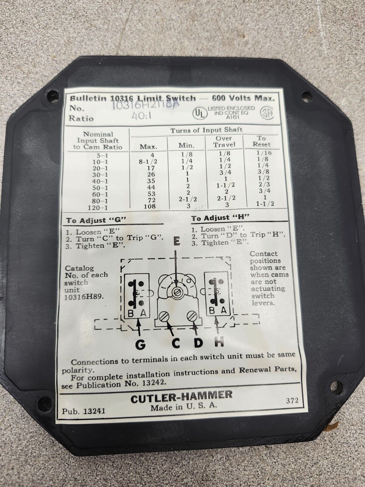 NEW NO BOX CUTLER HAMMER LIMIT SWITCH 10316H2118A