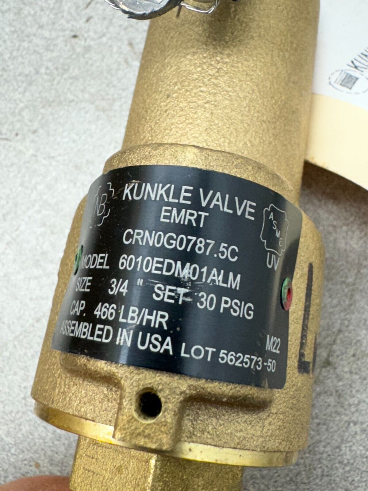 NEW KUNKLE 3/4" SAFETY RELIEF VALVE 30 PSIG. 6010EDM01ALM