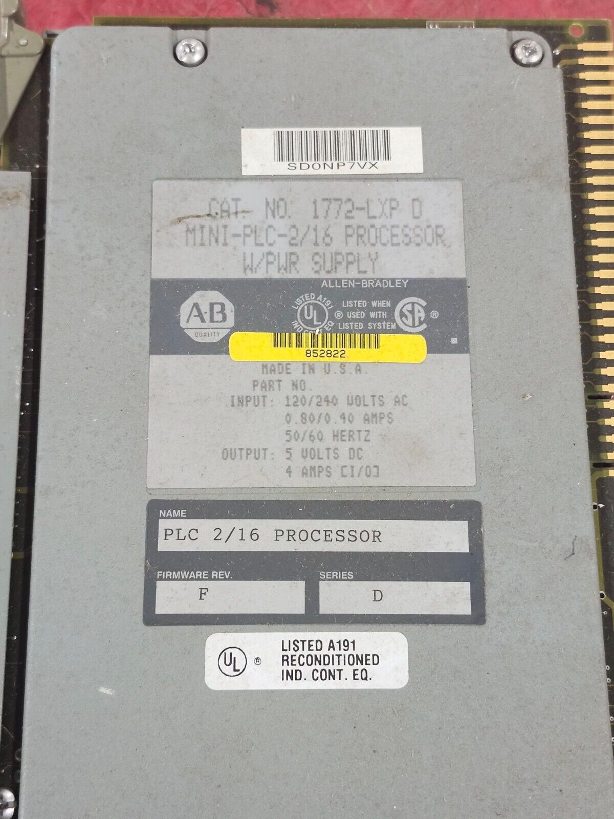 USED ALLEN BRADLEY MINI PLC 2/16 PROCESSOR W/PWR SUPPLY 1772-LXP D