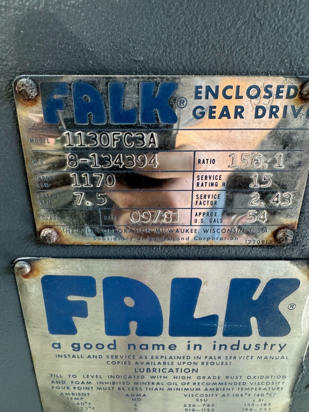 UNUSED SURPLUS FALK ENCLOSED GEAR DRIVE SPEED REDUCER 156.1 RATIO 1130FC3A