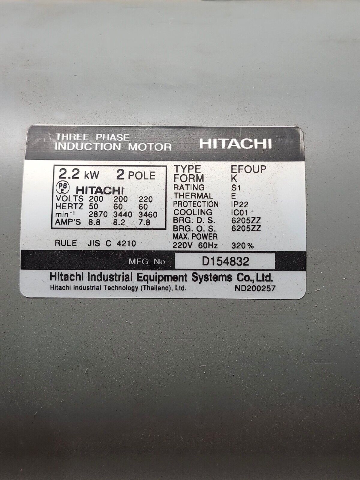NEW HITACHI 2.2KW EFOUP FORM K 2POLE THREE PHASE INDUCTION MOTOR D1548