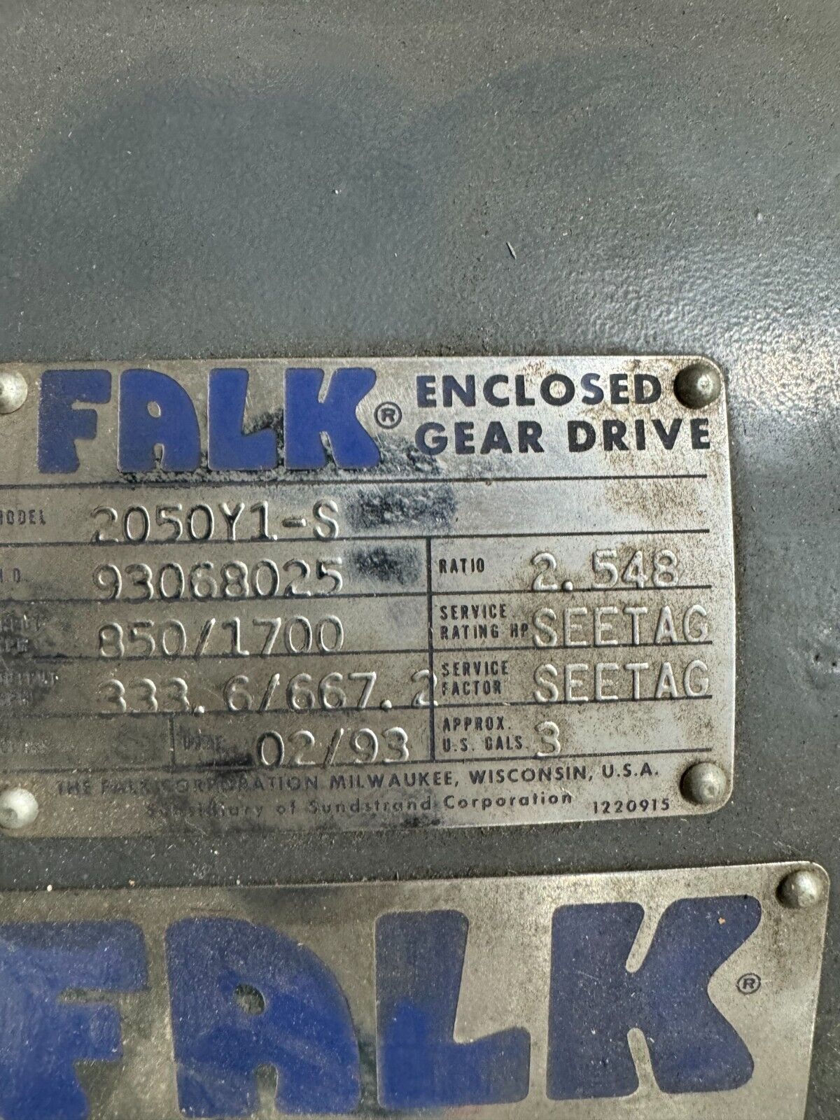 UNUSED SURPLUS FALK ENCLOSED GEAR DRIVE SPEED REDUCER 2.548 RATIO 2050Y1-S