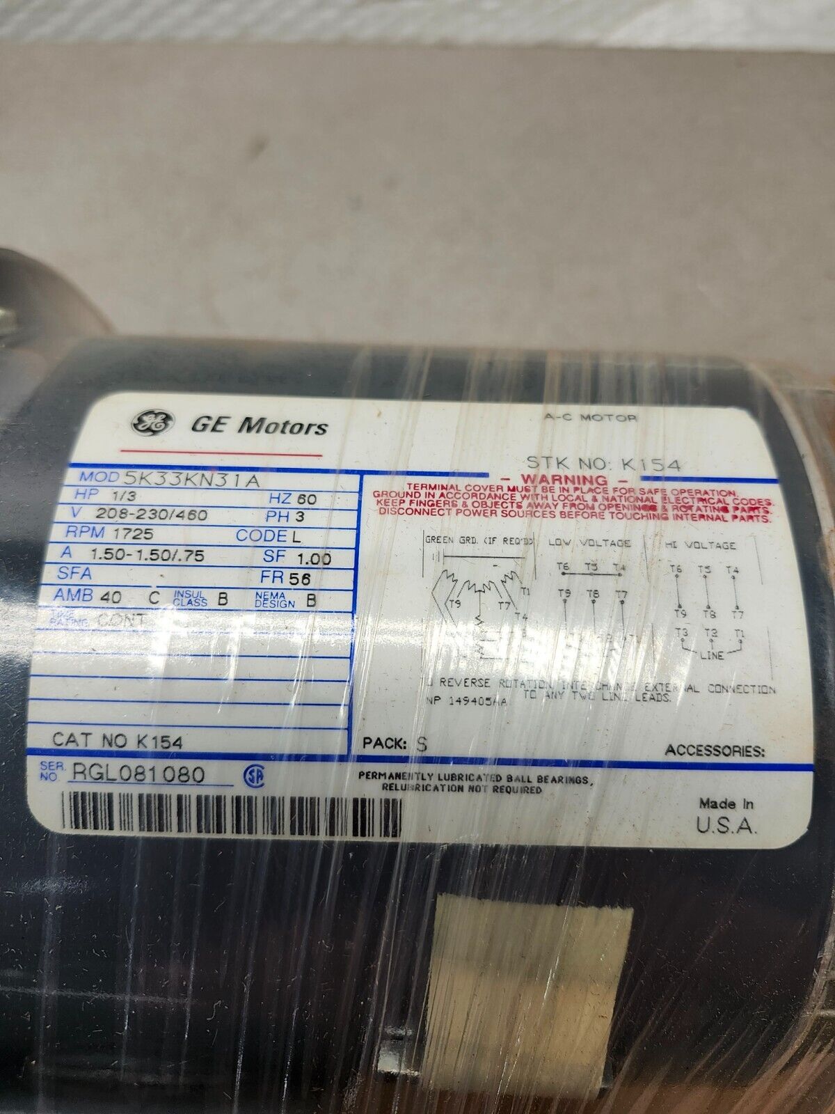 NEW IN BOX General Electric AC Motor 1/3HP 60Hz 1725RPM 208-230/460V 5K33KN31A