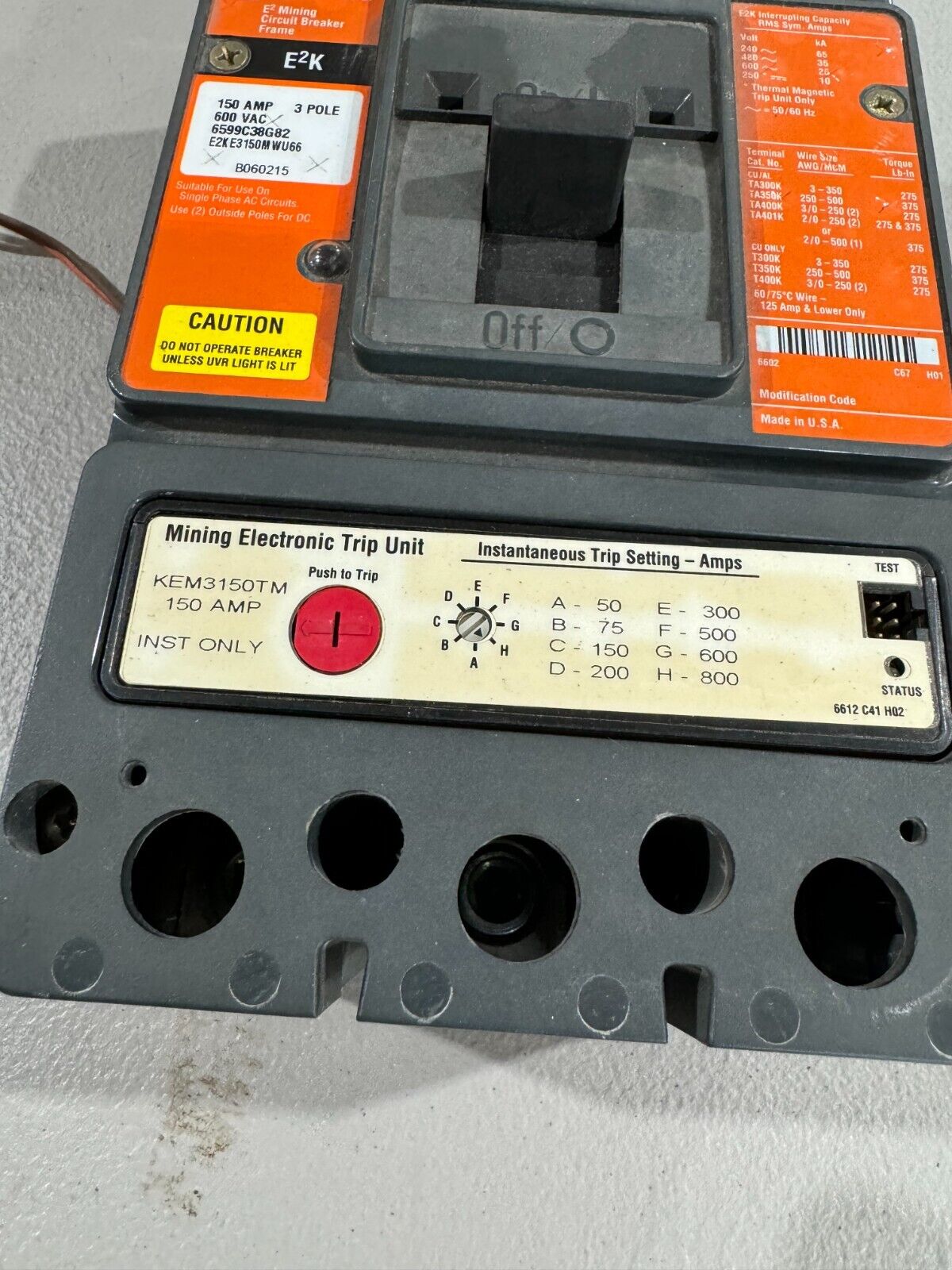 RECONDITIONED CUTLER-HAMMER 3 POLE 150AMP MINING CIRCUIT BREAKER E2KE3150MWU66