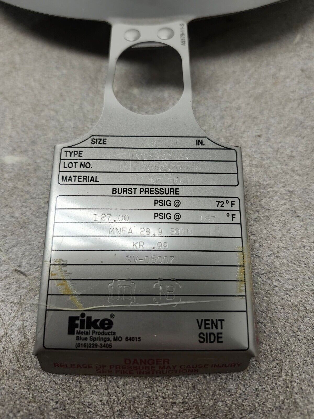 NEW FIKE  RUPTURE DISC 6" TYPE POLY-SD CS MNFA 28.9 SQINKR.99