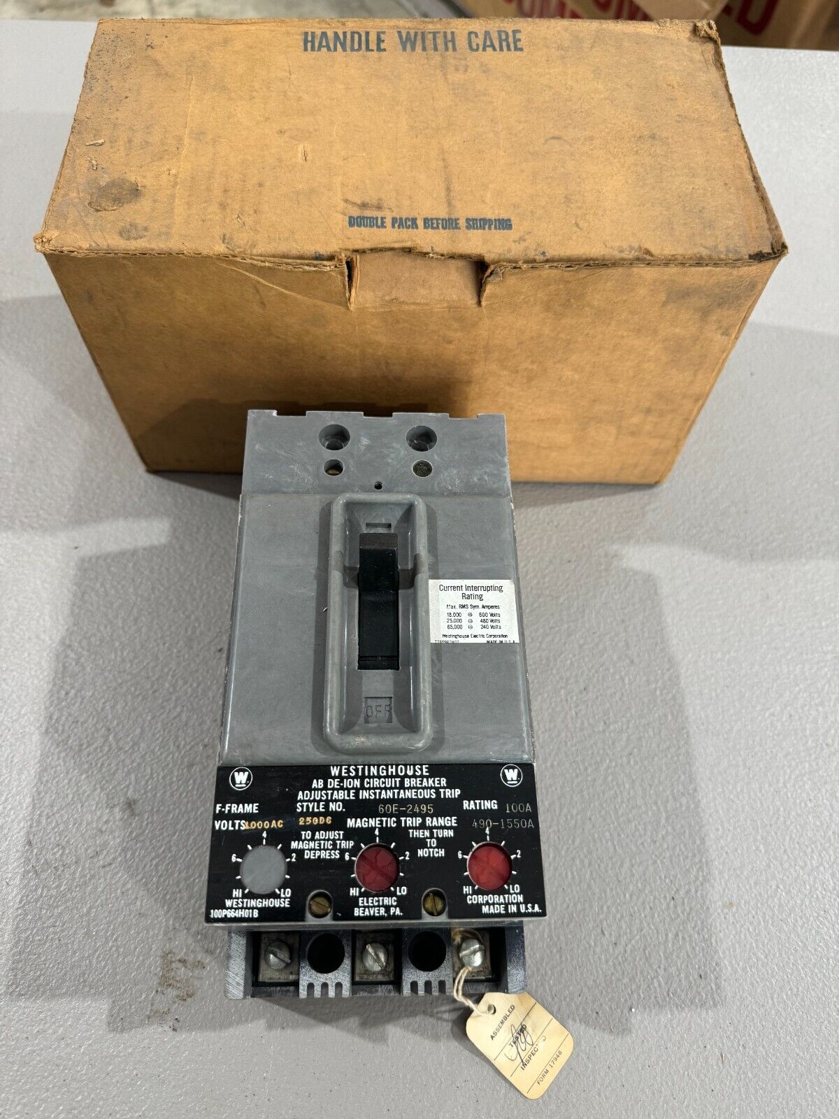 NEW IN BOX WESTINGHOUSE AB DE-ION CIRCUIT BREAKER F-FRAME 100AMP 60E-2495