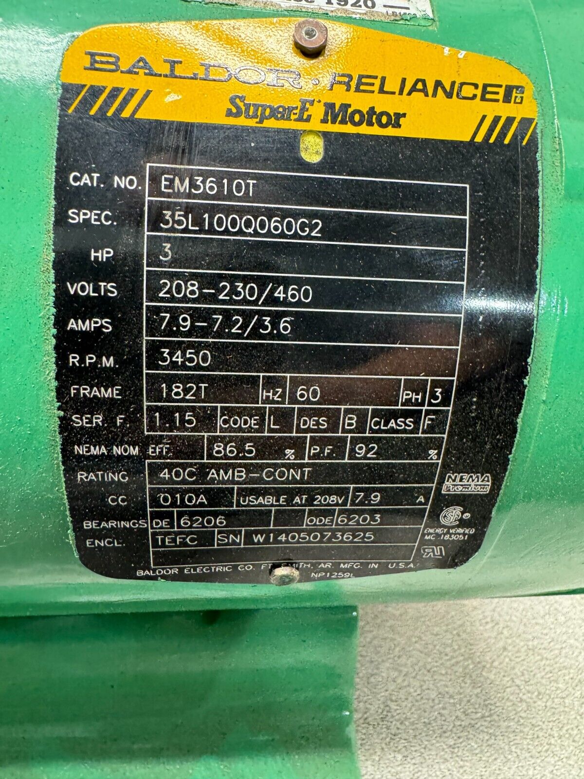 NEW SURPLUS BALDOR SUPER-E MOTOR 3HP 3450RPM 208-230/460V. 182T FRAME EM3610T