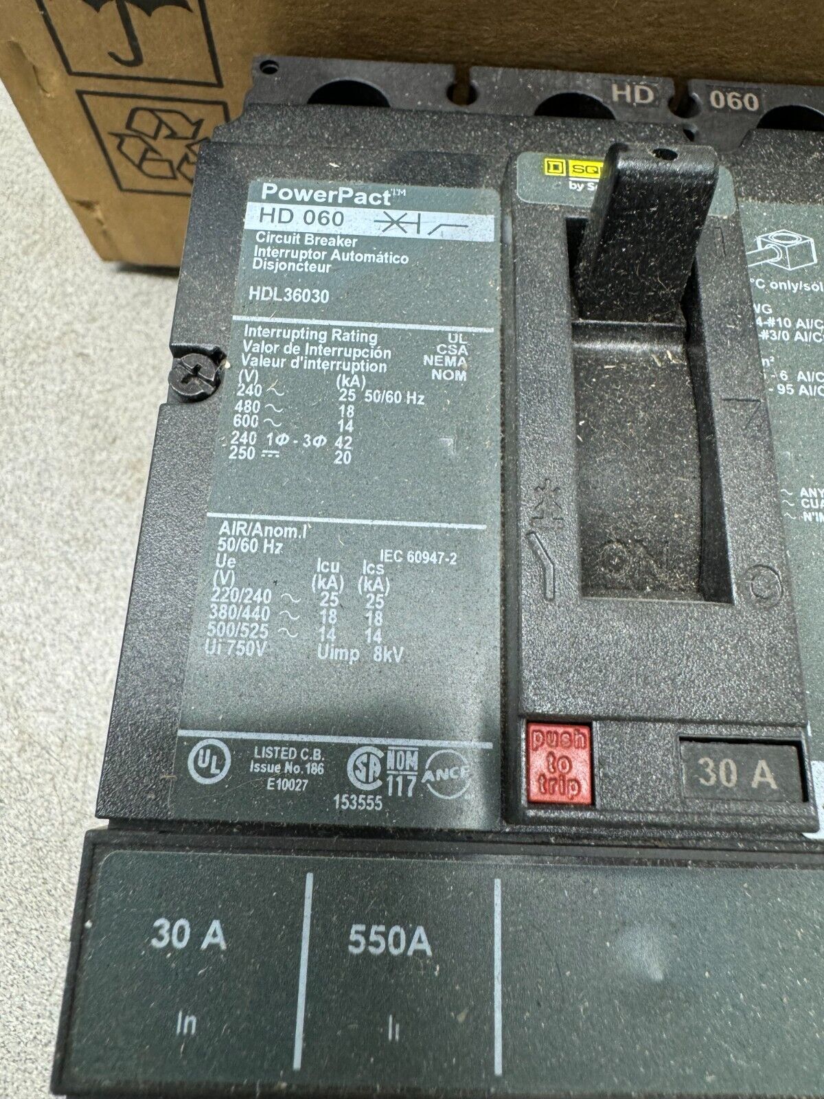 NEW IN BOX SQUARE D HD060 POWERPACT 3 POLE 30AMP CIRCUIT BREAKER HDL36030