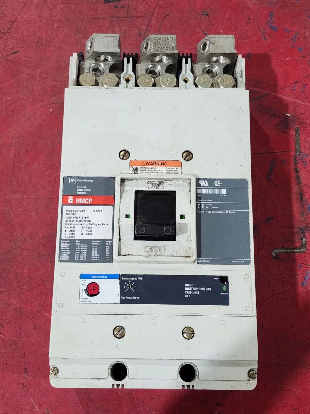 USED CUTLER-HAMMER HMCP 3 POLE 1200AMP CIRCUIT BREAKER HMCP12Y8W